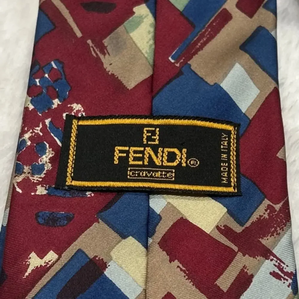 Fendi Vintage 90s Silk Tie Abstract Geometric Made in Italy Authenticated